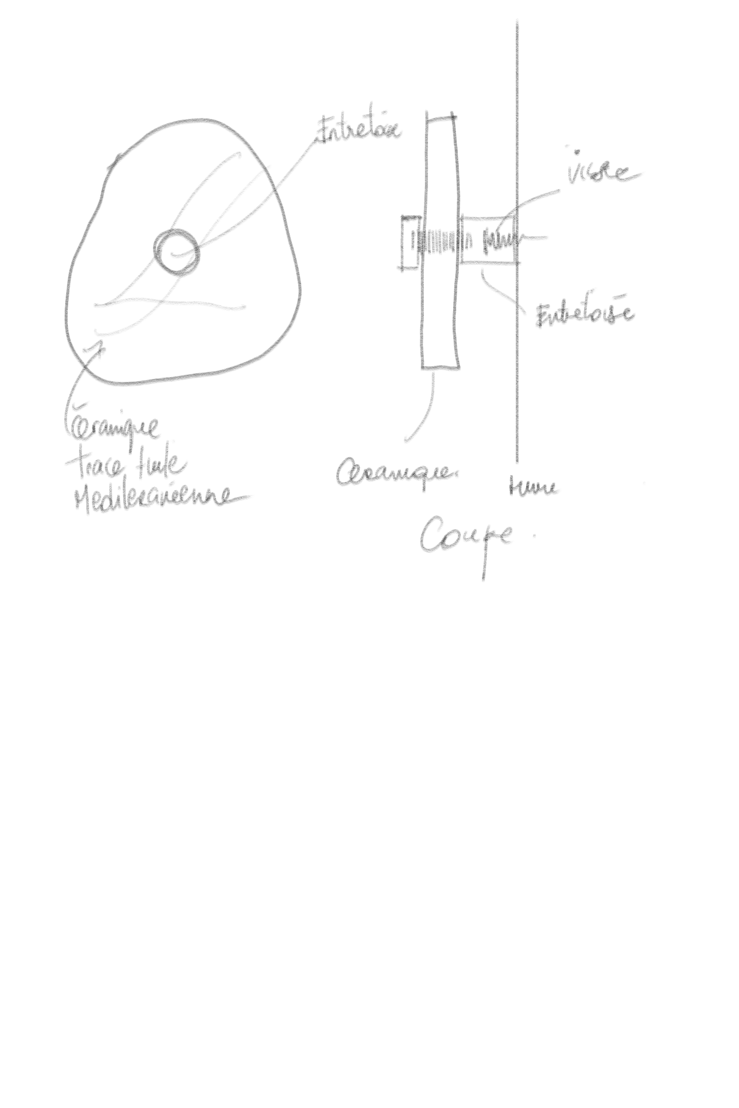 Croquis au crayon d’une patère en céramique de Manon d’Alençon, avec vue de face et schéma de fixation en coupe.